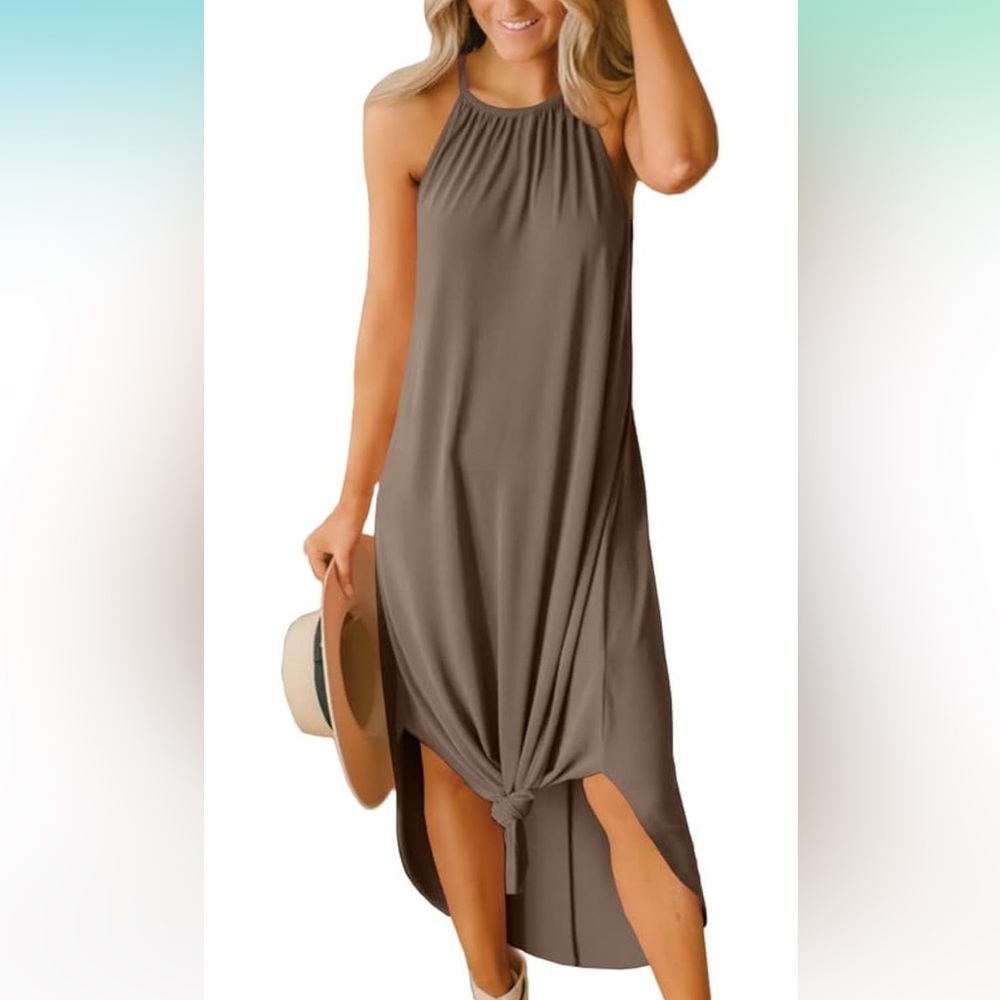 Khaki/Brown Casual Maxi Halter Dress, Size M